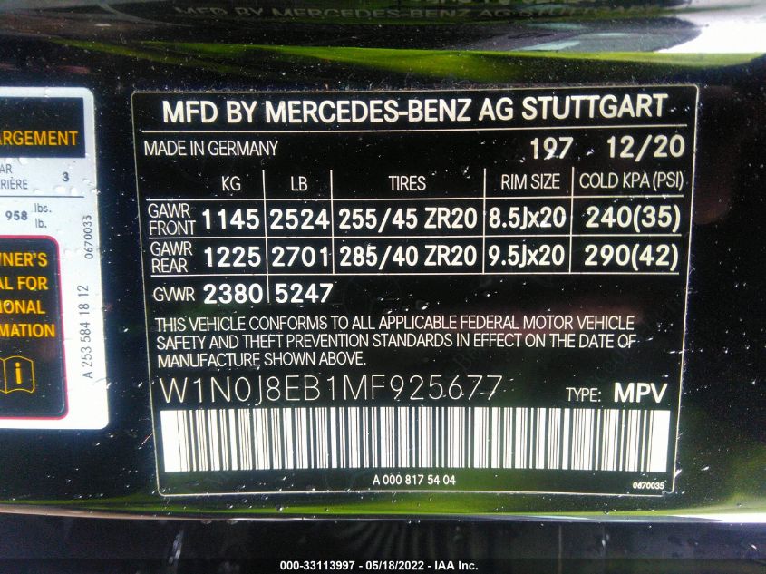 2021 MERCEDES-BENZ GLC GLC 300 W1N0J8EB1MF925677