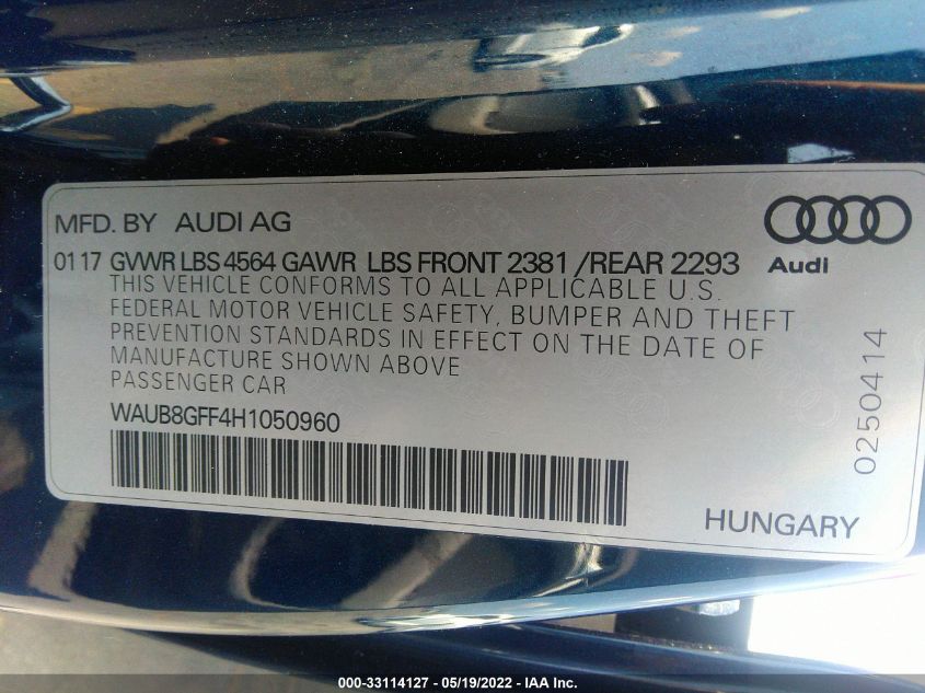 2017 AUDI A3 SEDAN PREMIUM WAUB8GFF4H1050960