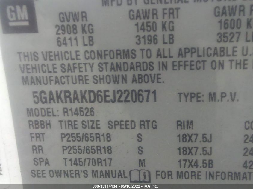 2014 BUICK ENCLAVE CONVENIENCE 5GAKRAKD6EJ220671