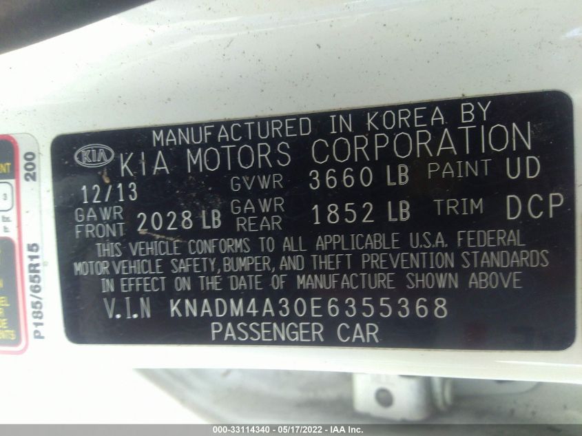 2014 KIA RIO LX KNADM4A30E6355368