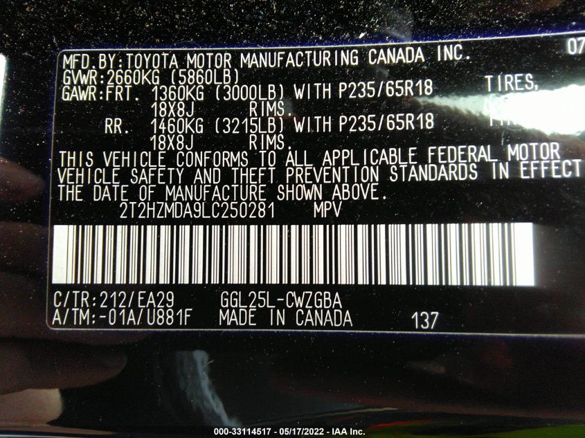 2020 LEXUS RX RX 350 2T2HZMDA9LC250281