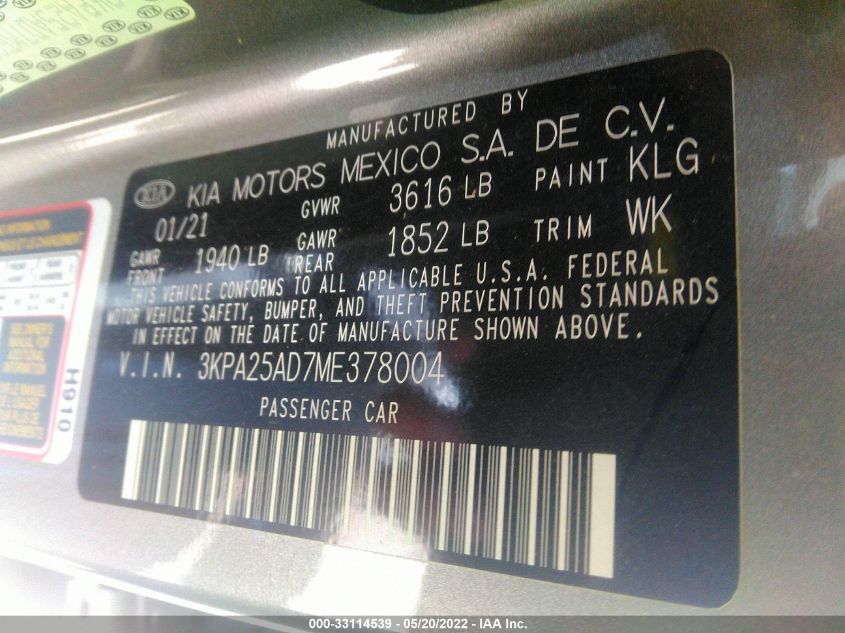 2021 KIA RIO 5-DOOR S 3KPA25AD7ME378004
