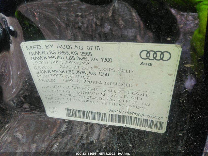 2016 AUDI Q5 PRESTIGE WA1W7AFP6GA036421