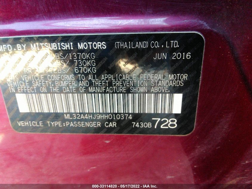 2017 MITSUBISHI MIRAGE SE ML32A4HJ9HH010374