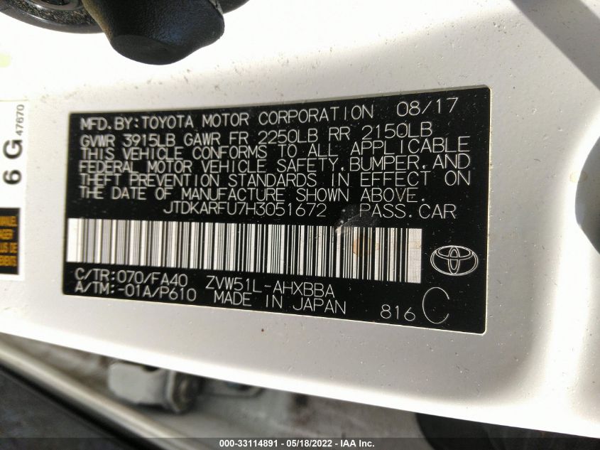 2017 TOYOTA PRIUS TWO/TWO ECO/THREE JTDKARFU7H3051672