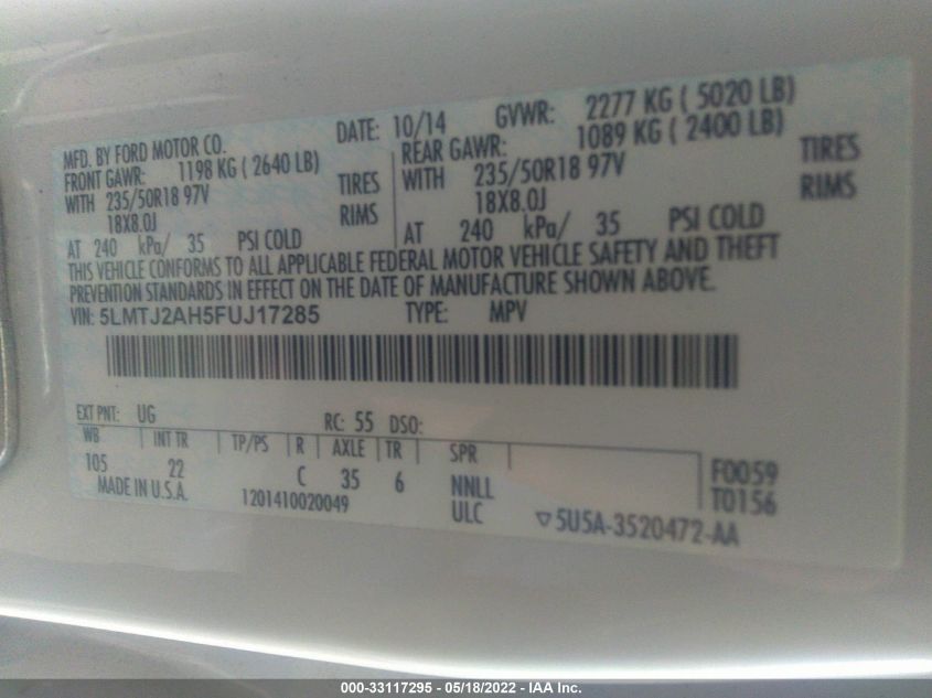 2015 LINCOLN MKC 5LMTJ2AH5FUJ17285