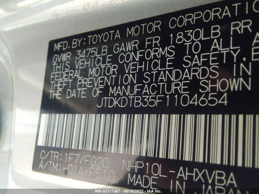 2015 TOYOTA PRIUS C ONE/TWO/THREE/FOUR JTDKDTB35F1104654