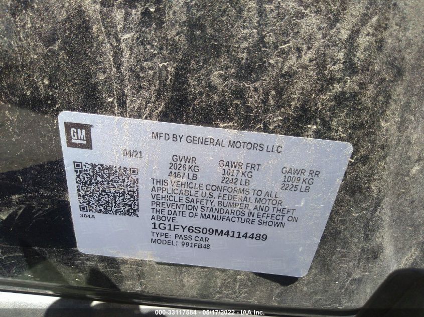 2021 CHEVROLET BOLT EV LT 1G1FY6S09M4114489