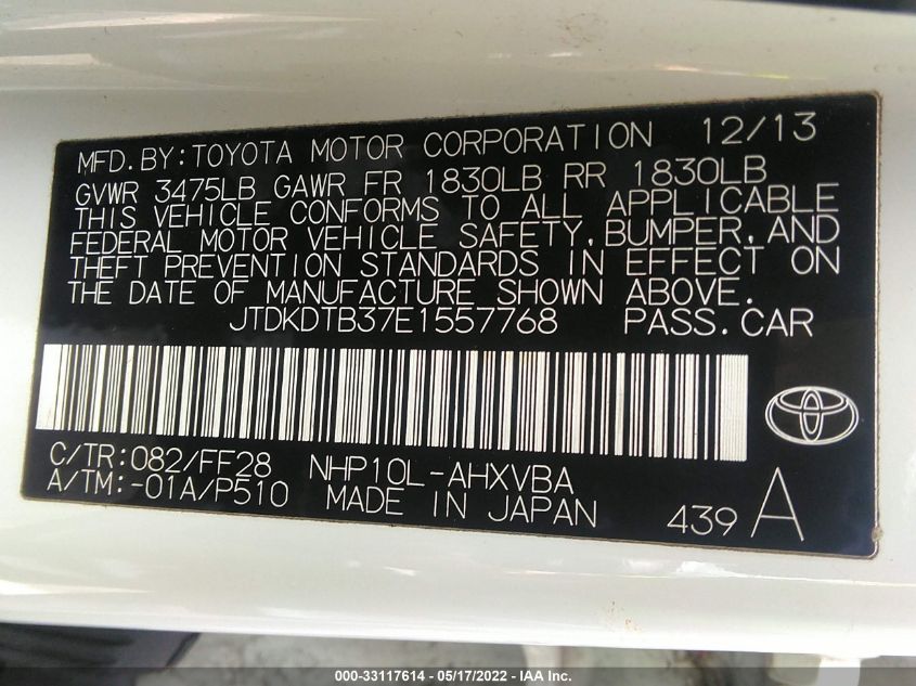 2014 TOYOTA PRIUS C ONE/THREE/TWO/FOUR JTDKDTB37E1557768