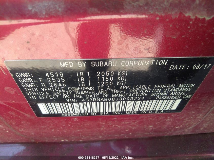 2018 SUBARU LEGACY 4S3BNAB68J3009224