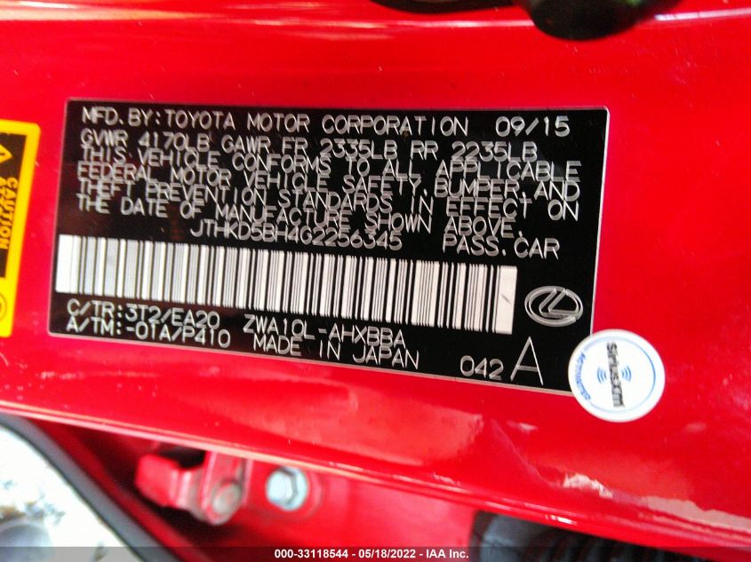 2016 LEXUS CT 200H HYBRID JTHKD5BH4G2256345