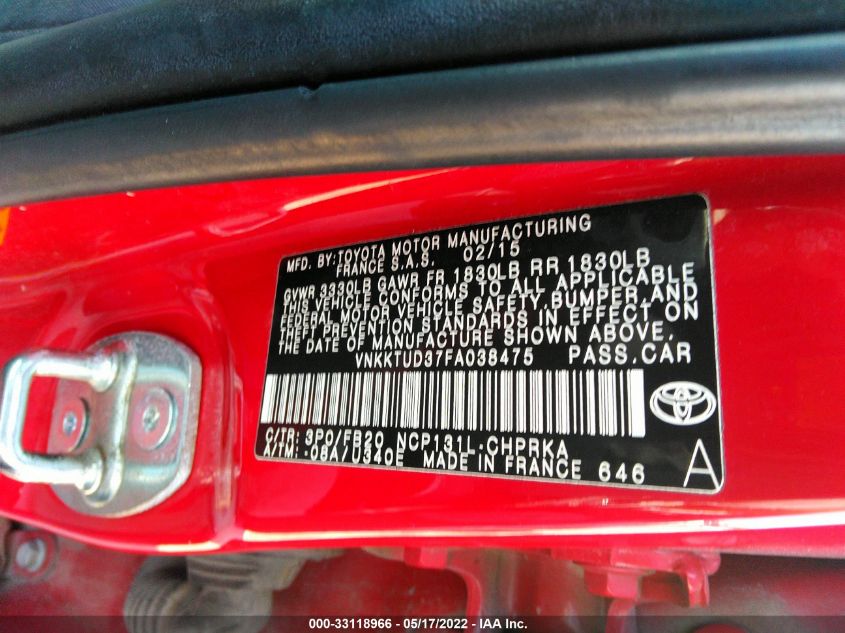 2015 TOYOTA YARIS L/SE/LE VNKKTUD37FA038475