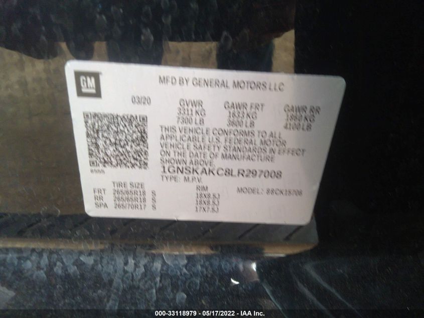 2020 CHEVROLET TAHOE LS 1GNSKAKC8LR297008