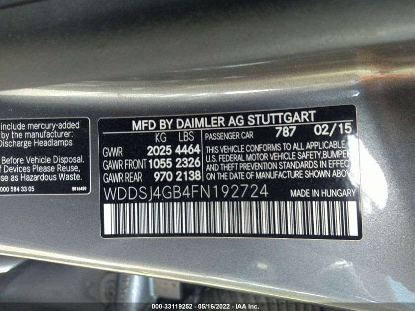 2015 MERCEDES-BENZ CLA-CLASS CLA 250 WDDSJ4GB4FN192724