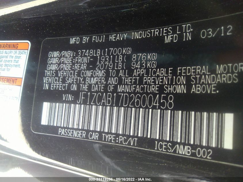 2013 SUBARU BRZ PREMIUM JF1ZCAB17D2600458