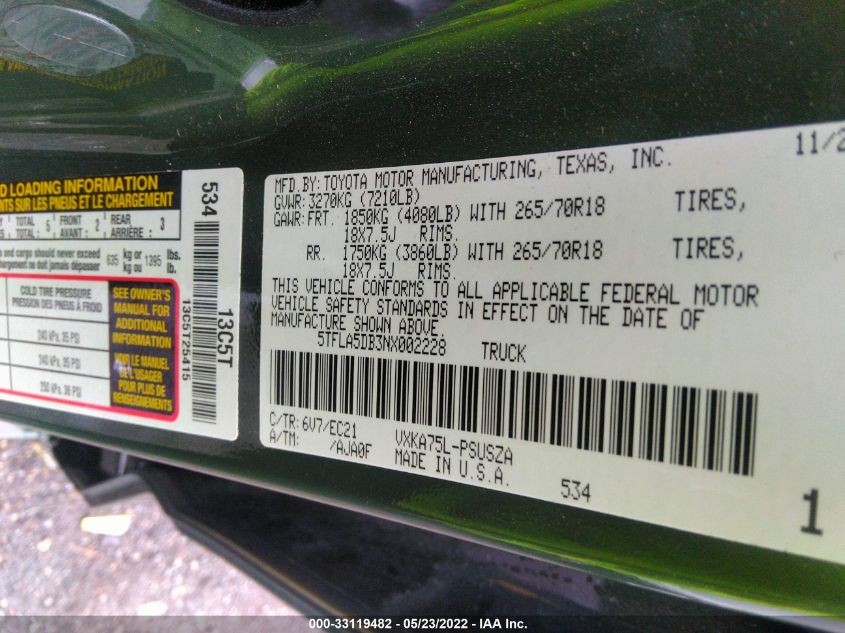 2022 TOYOTA TUNDRA 4WD SR5 5TFLA5DB3NX002228