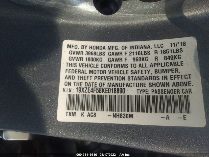 2019 HONDA INSIGHT EX 19XZE4F58KE018890