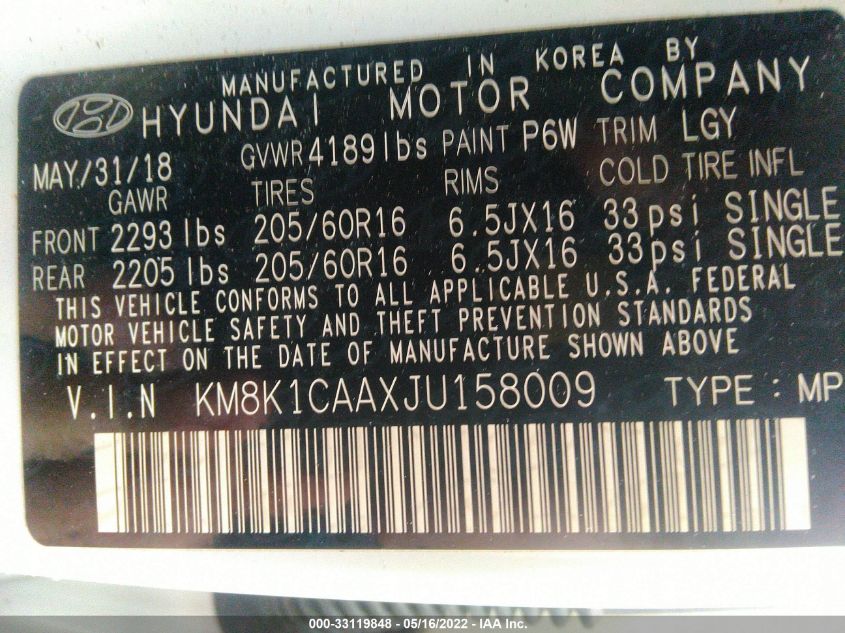 2018 HYUNDAI KONA SE KM8K1CAAXJU158009