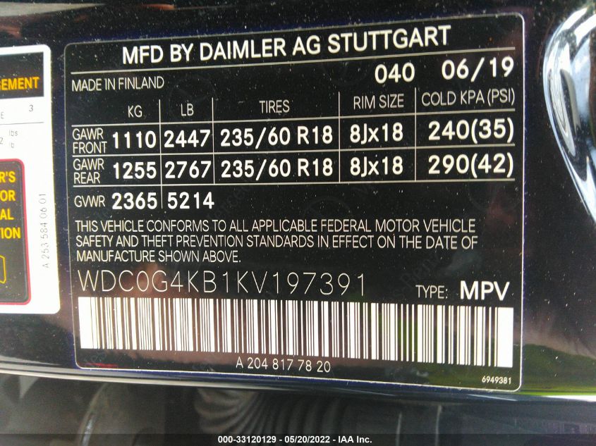 2019 MERCEDES-BENZ GLC GLC 300 WDC0G4KB1KV197391