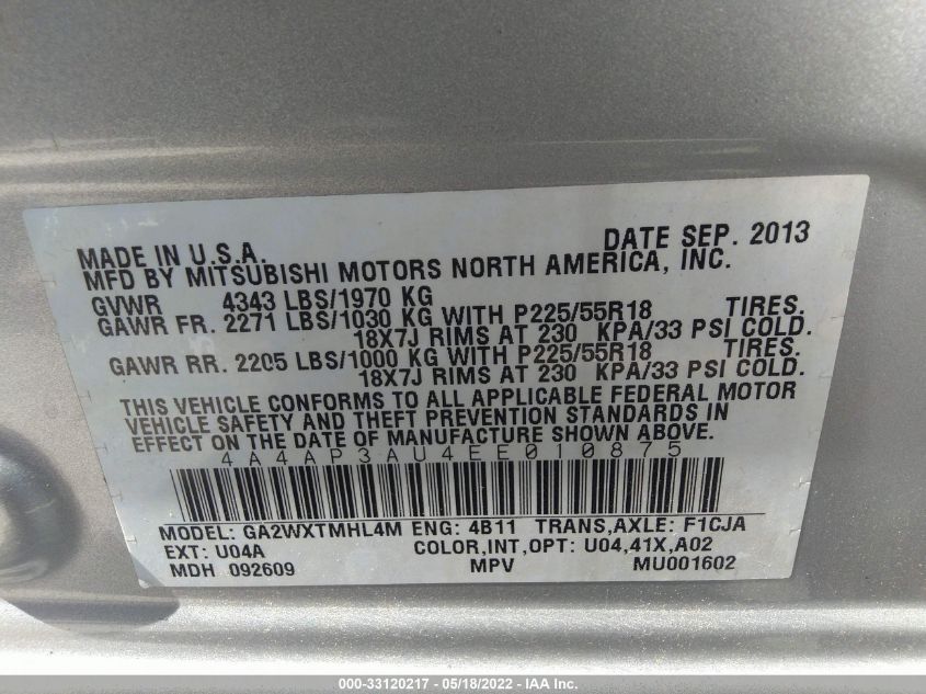 2014 MITSUBISHI OUTLANDER SPORT ES 4A4AP3AU4EE010875