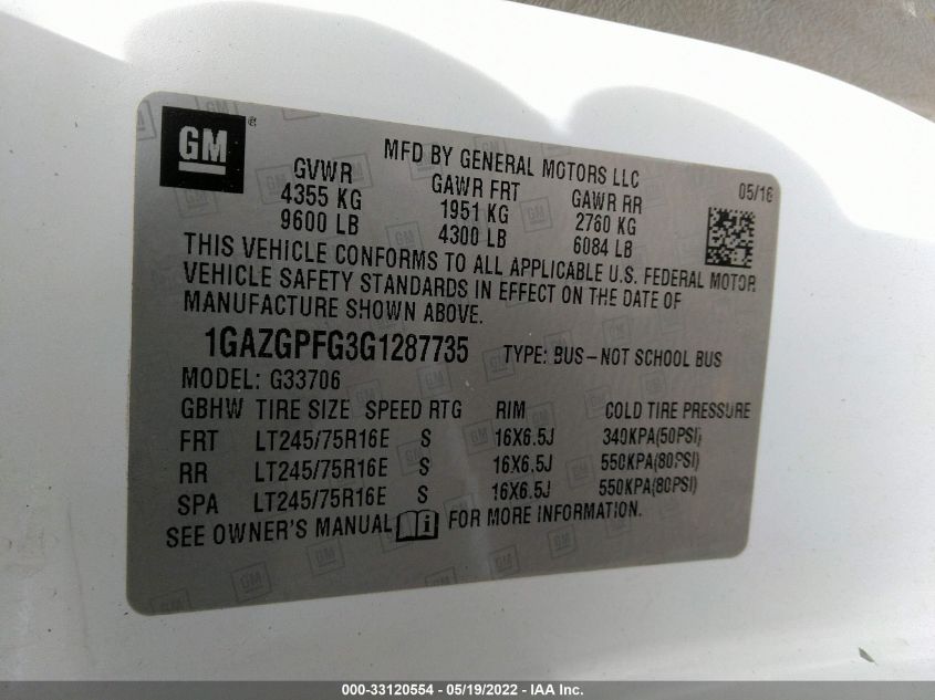 2016 CHEVROLET EXPRESS PASSENGER LT 1GAZGPFG3G1287735