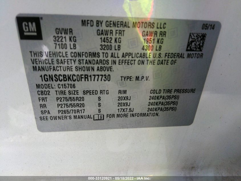 2015 CHEVROLET TAHOE LT 1GNSCBKC0FR177730