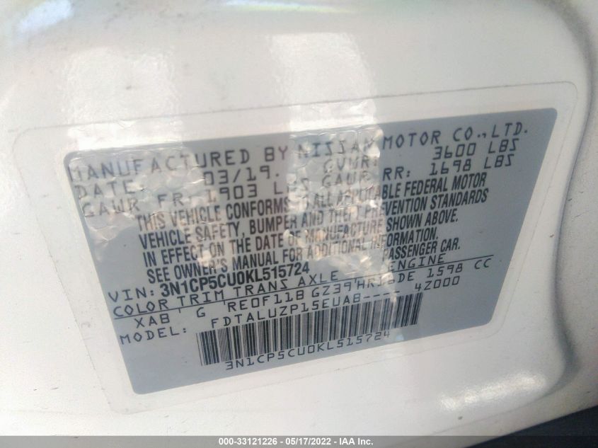 2019 NISSAN KICKS SR 3N1CP5CU0KL515724