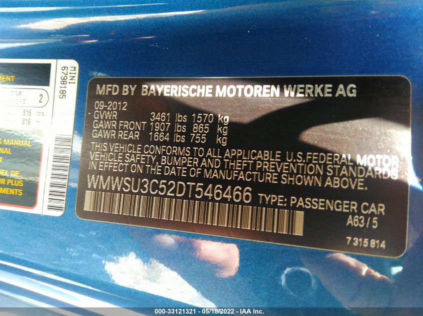 2013 MINI COOPER HARDTOP WMWSU3C52DT546466