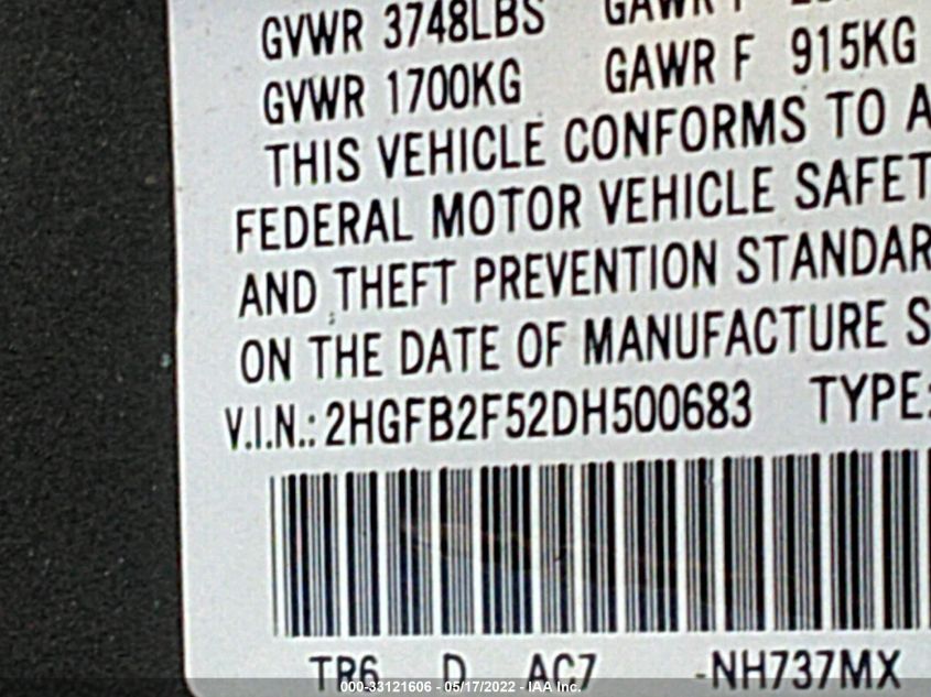 2013 HONDA CIVIC SDN LX 2HGFB2F52DH500683