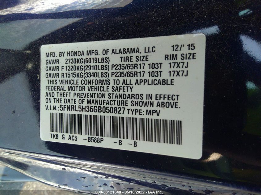 2016 HONDA ODYSSEY SE 5FNRL5H36GB050827