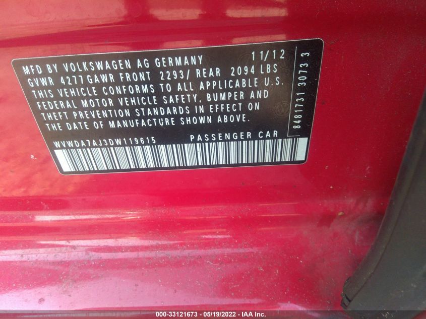 2013 VOLKSWAGEN GOLF WVWDA7AJ3DW119615