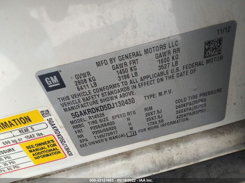 2013 BUICK ENCLAVE 5GAKRDKD5DJ130430
