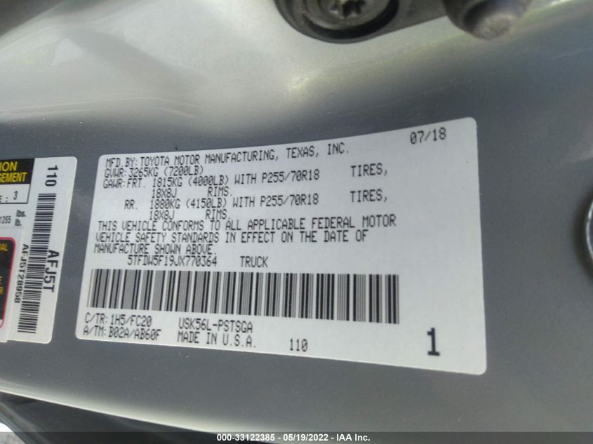 2018 TOYOTA TUNDRA 4WD SR5/LIMITED/PLATINUM 5TFDW5F19JX770364