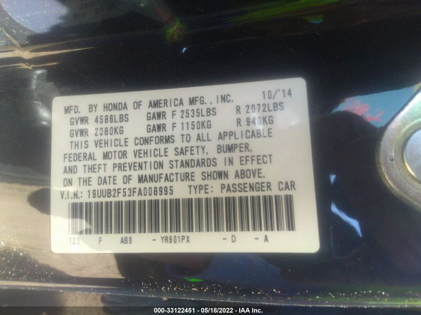 2015 ACURA TLX V6 TECH 19UUB2F53FA008995