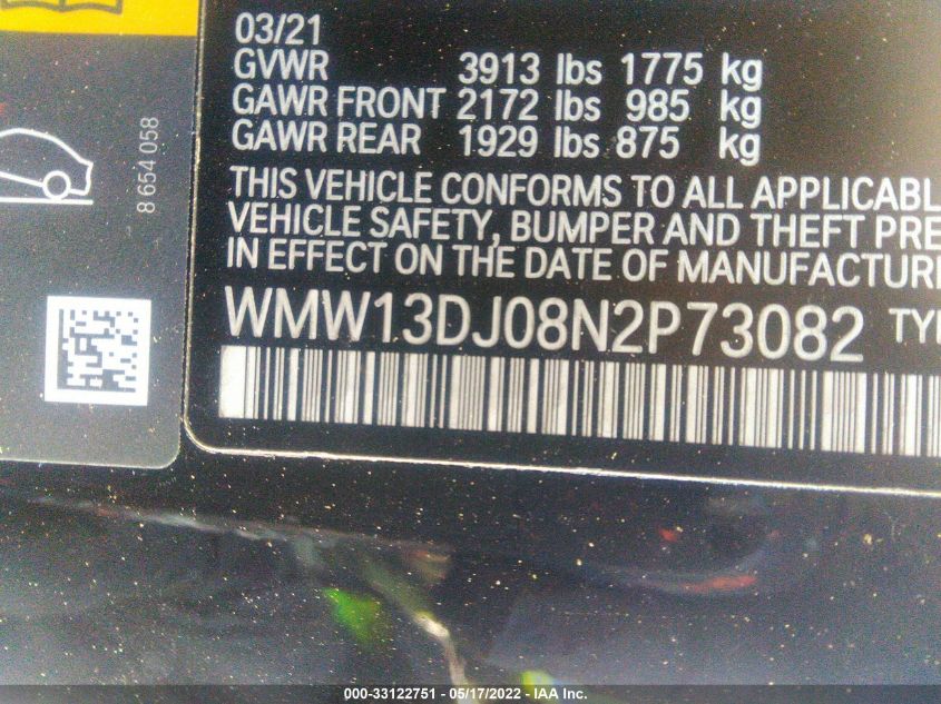 2022 MINI HARDTOP 2 DOOR COOPER SE WMW13DJ08N2P73082