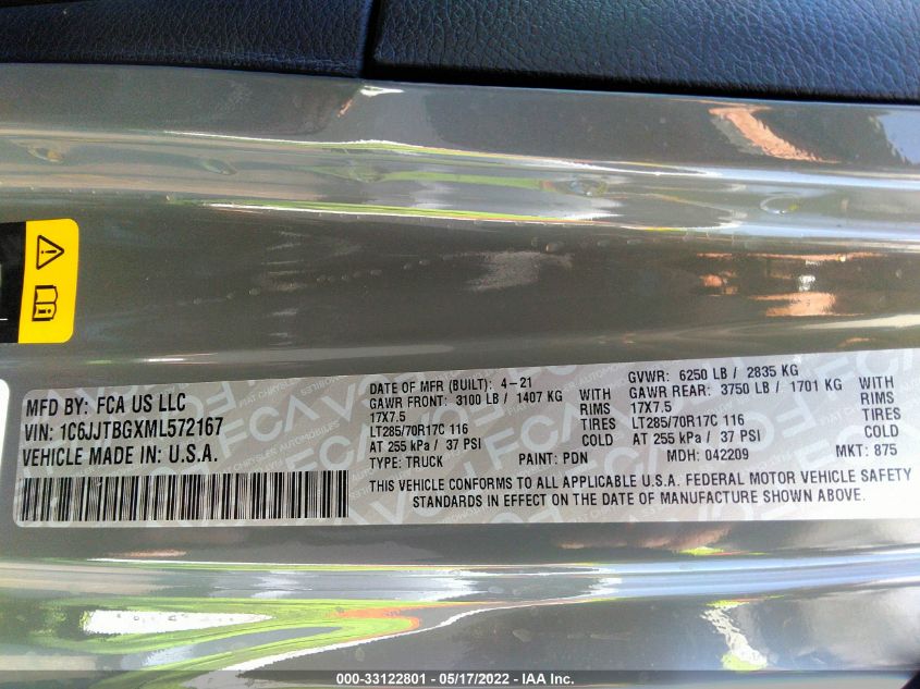 2021 JEEP GLADIATOR RUBICON 1C6JJTBGXML572167