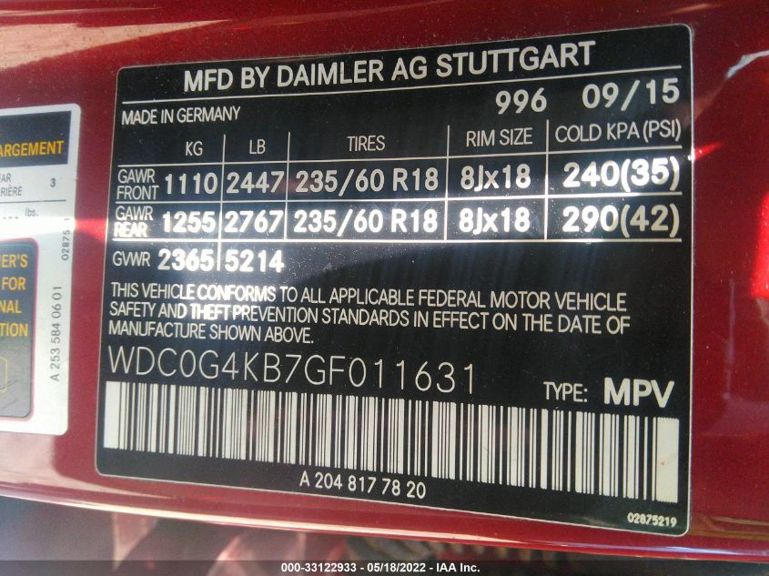 2016 MERCEDES-BENZ GLC GLC 300 WDC0G4KB7GF011631