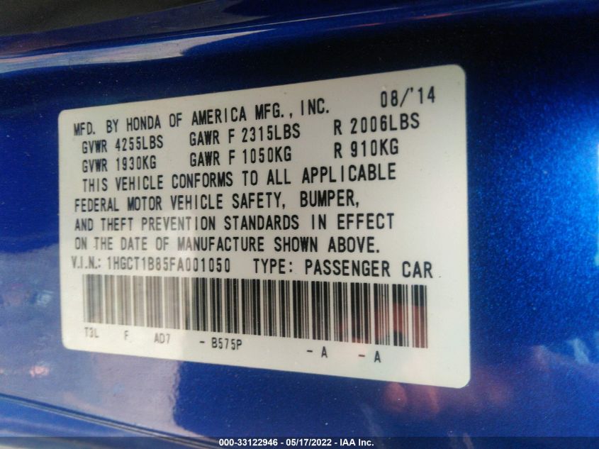 2015 HONDA ACCORD COUPE EX-L 1HGCT1B85FA001050