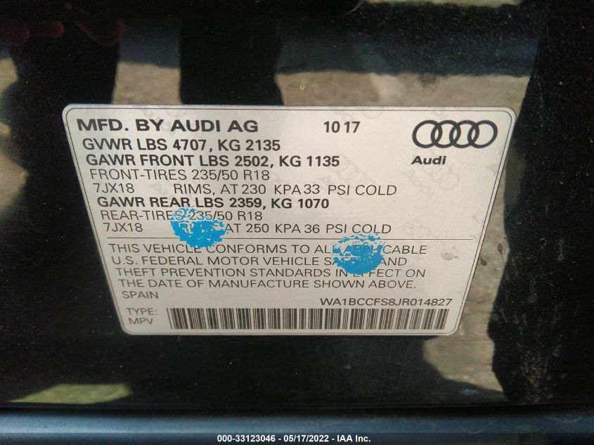 2018 AUDI Q3 PREMIUM/SPORT PREMIUM WA1BCCFS8JR014827