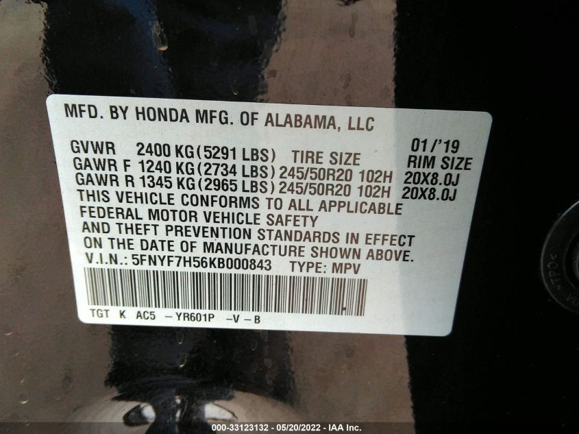 2019 HONDA PASSPORT EX-L 5FNYF7H56KB000843