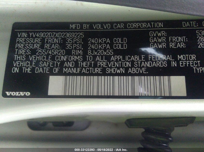2013 VOLVO XC60 T6 YV4902DZXD2369225