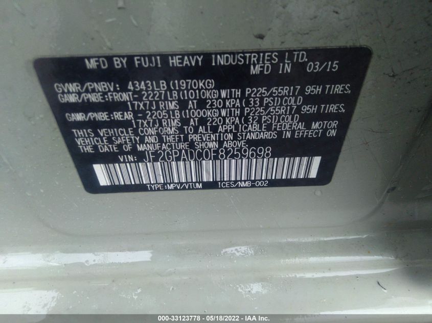 2015 SUBARU XV CROSSTREK PREMIUM JF2GPADC0F8259698