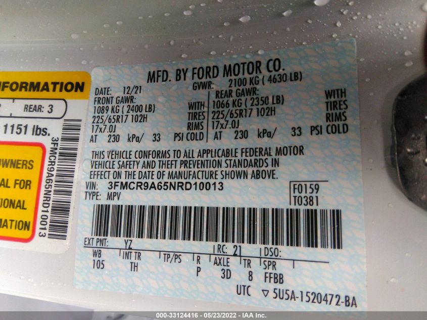 2022 FORD BRONCO SPORT BASE 3FMCR9A65NRD10013