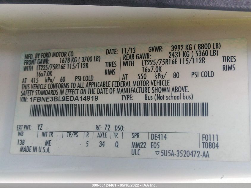 2014 FORD ECONOLINE WAGON XL/XLT 1FBNE3BL9EDA14919
