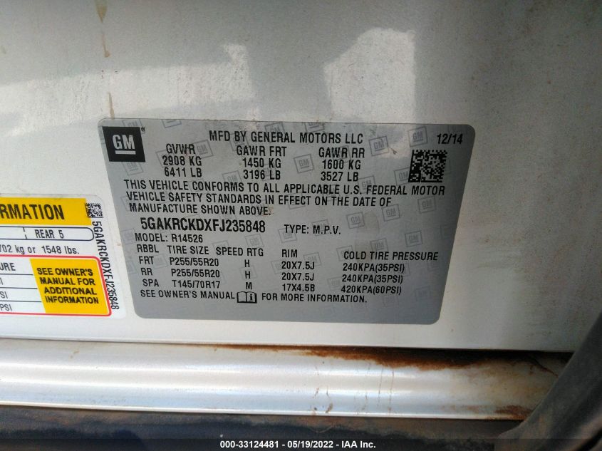 2015 BUICK ENCLAVE PREMIUM 5GAKRCKDXFJ235848