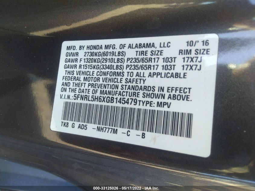 2016 HONDA ODYSSEY EX-L 5FNRL5H6XGB145479