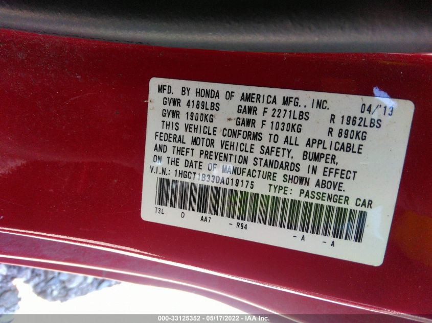 2013 HONDA ACCORD CPE LX-S 1HGCT1B33DA019175