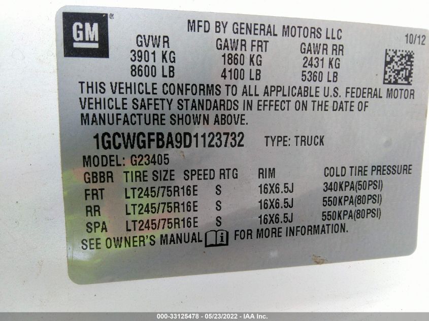 2013 CHEVROLET EXPRESS CARGO VAN 1GCWGFBA9D1123732