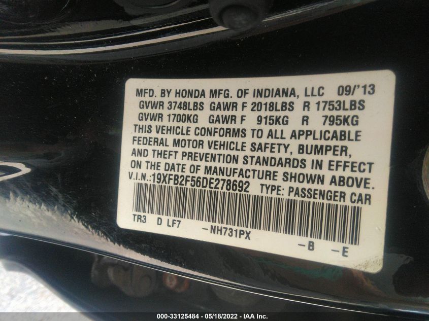 2013 HONDA CIVIC SDN LX 19XFB2F56DE278692
