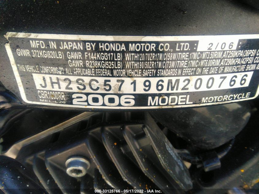 2006 HONDA CBR1000 RR JH2SC57196M200766